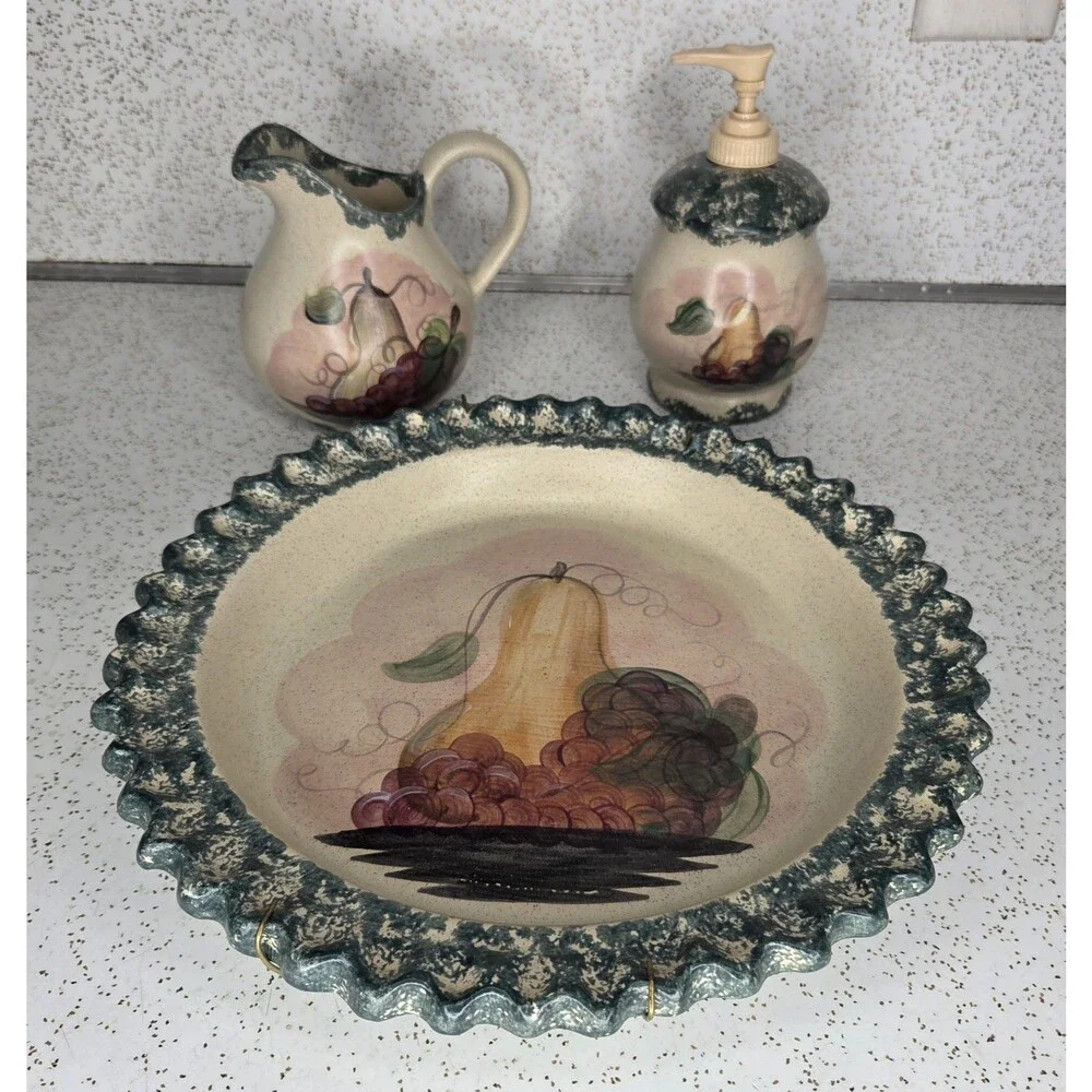 Country Crafts Pottery Spongeware Pear & Grapes Plate Pitcher Soap Dispenser Set